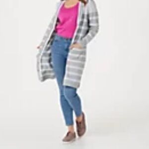 Isaac Mizrahi Stripe Button Front Cardigan Sweater Heather Gray